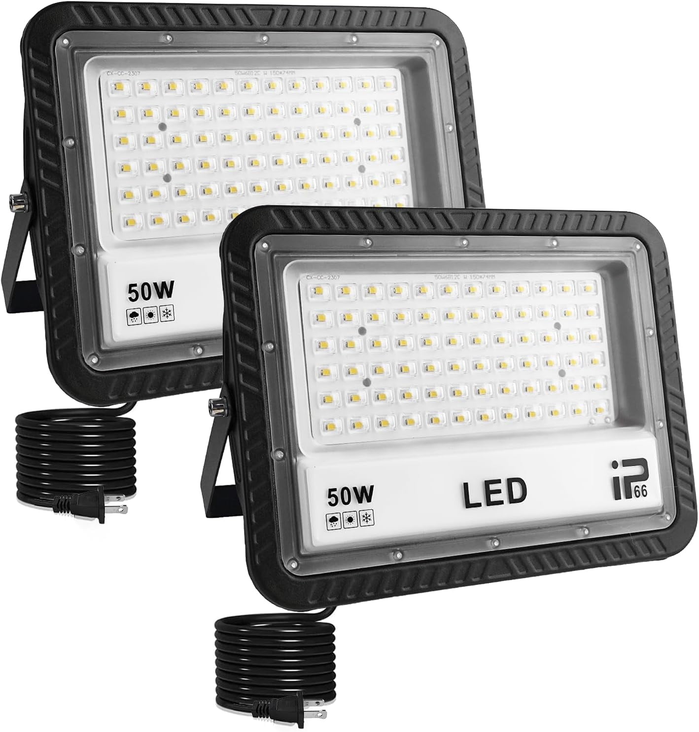 2 Pack 50W Led Outdoor Flood Light, Outdoor Security Light, Led Stadium Lights, with Plug, 59 Inch Line, for Yard, Stadium, Playground, Lawn,Garden, Garages,Basketball Court