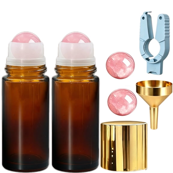 2 Pack 50ml Amber Glass Roller Bottle, Rose Quartz Ball Refillable Perfume Essential Oil Bottle with Plastic Cap, Metal Funnel & Opener, Leakproof Portable Travel Cosmetic Vessel