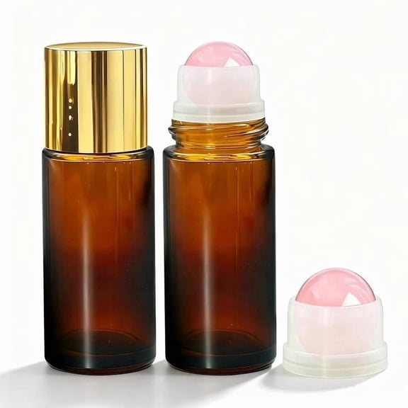 2 Pack 50ml Rose Quartz Crystal Roller Bottles, Amber Glass LeakProof Travel Perfume Essential Oil Containers with Gold Caps