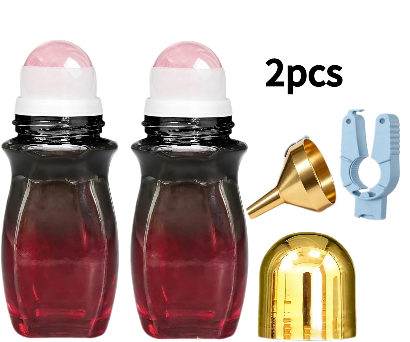 2 Pack 50ml Rose Quartz Waisted Glass Roller Bottles, Refillable Amber Roll On Bottles with Natural Crystal Roller Balls, Leak-Proof Travel Perfume Bottles with Gold Cap, Mini Metal Funnel & Bottle O