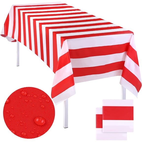 2 Pack 54 x 107 Inch Plastic Red and White Stripes Carnival Circus Tablecloths for Movie Night Decorations Baseball Party Decorations