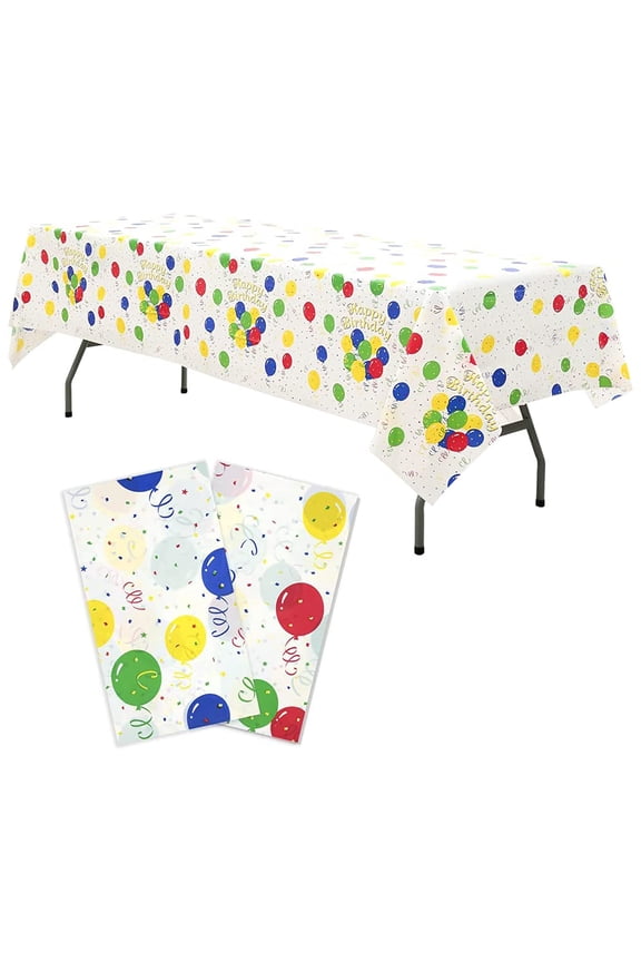 2 Pack 54 x 108 Inch Happy Birthday Plastic Tablecloths Rainbow Disposable Table Covers White Shower Party Tablecovers Table Cloths for Picnic Birthday Parties