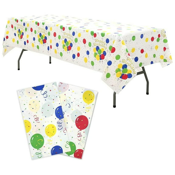 2 Pack 54 x 108 Inch Happy Birthday Plastic Tablecloths Rainbow Disposable Table Covers White Shower Party Tablecovers Table Cloths for Picnic Birthday Parties