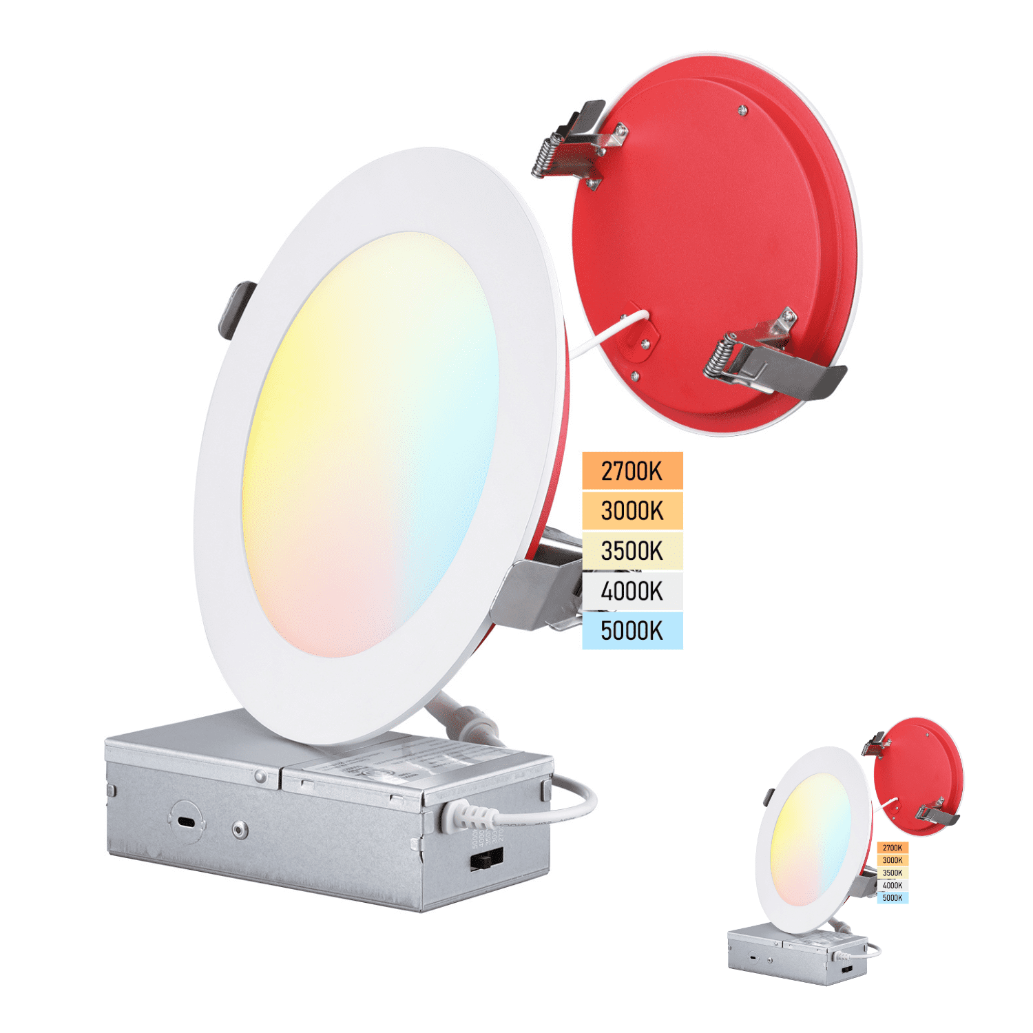2 Pack 5CCT 6 Inch LED Recessed Lights with J-Box, CRI90 Dimmable, Ultra-Thin, UL263, 2 Hours Fire Rated, 1850°F, 2700K3000K3500K4000K5000K, ETL & ES & FCC & T24