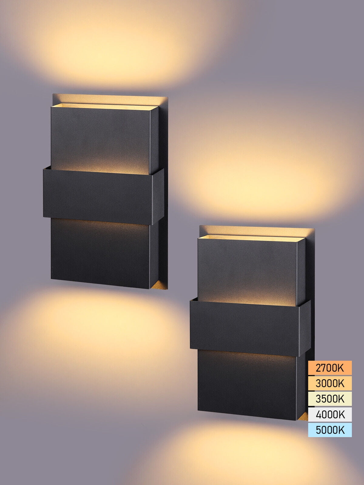 2 Pack 5CCT LED Exterior Wall Lights, Up & Down Modern Porch Sconce, 11.81 Inch Square Wall Lamp, 2700K/3000K/3500K/4000K/5000K, 110V-277V, IP65 Waterproof