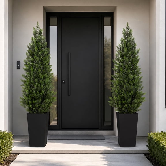 2 Pack 5FT Tall Artificial Cedar Topiary Trees with Black Square Planter & Imitation Wood Trunk, Lifelike Faux Evergreen Shrubs, Decor Greenery for Front Porch, Front Door, Garden, Indoor Living Room