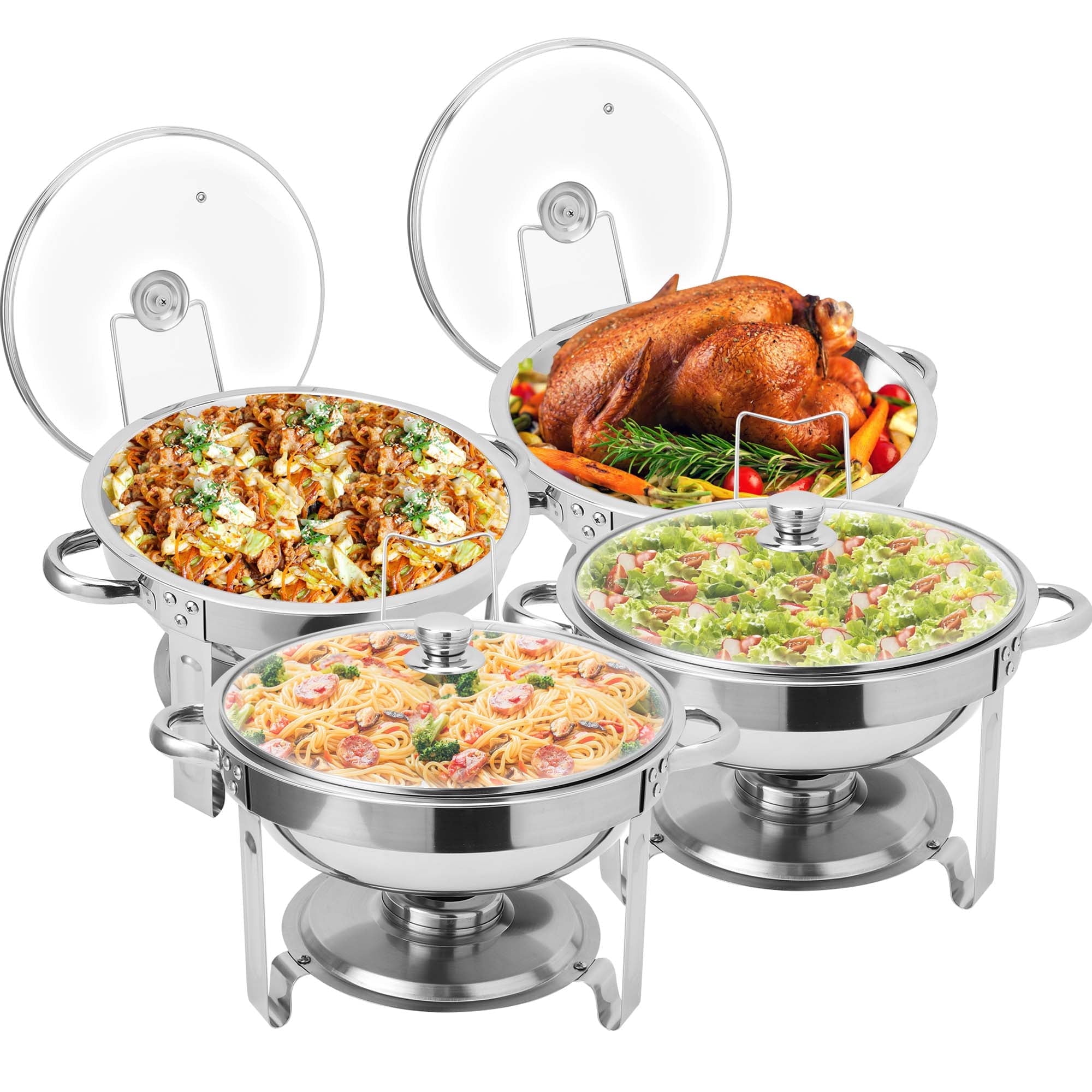 4 Pack 5QT Chafing Dish Buffet Set , Stainless Steel Chafing Dishes for Buffet with Glass Lid & Holder, Round Chafers and Buffet Warmers Sets for Parties, Events, Wedding,