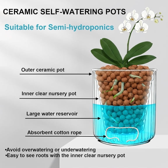 2 Pack of 5in Ceramic Cachepot with 5 inch Clear nusery Pot - self Watering Indoor Planter with Drainage for Root Visibility,semi Hydro pots for repotting Orchid,White$$Garden & Patio