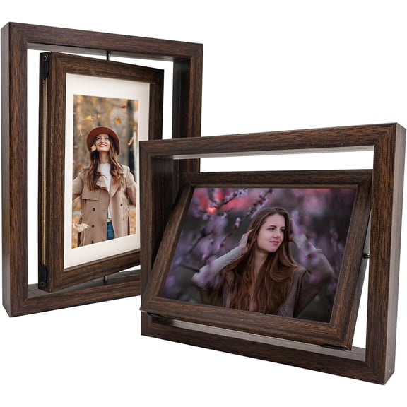 2 Pack 5x7 Rotating Floating Picture Frames or 4x6 Horizontal Double Sided Picture Frame, Double Sided Frames for Vertical or Horizontal Tabletop Display, MDF, Brown
