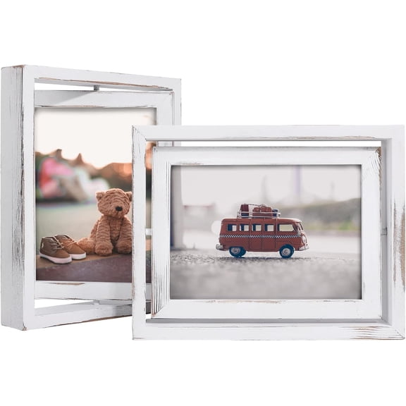 2 Pack 5x7 Rotating Floating Picture Frames,Double-Sided Display with HD Glass Front Wooden Distressed Frame for Vertical or Horizontal Tabletop Display, White
