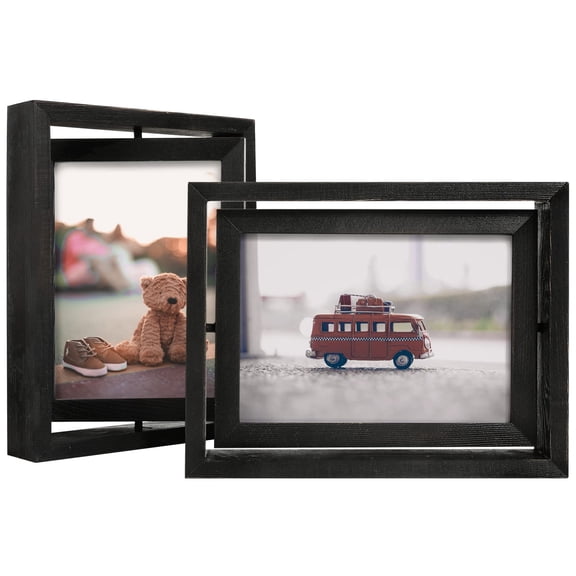 2 Pack 5x7 Rotating Floating Picture Frames Double-sided Display With Hd Glass Front Wooden Distressed Frame For Vertical Or Horizontal Tabletop  Black