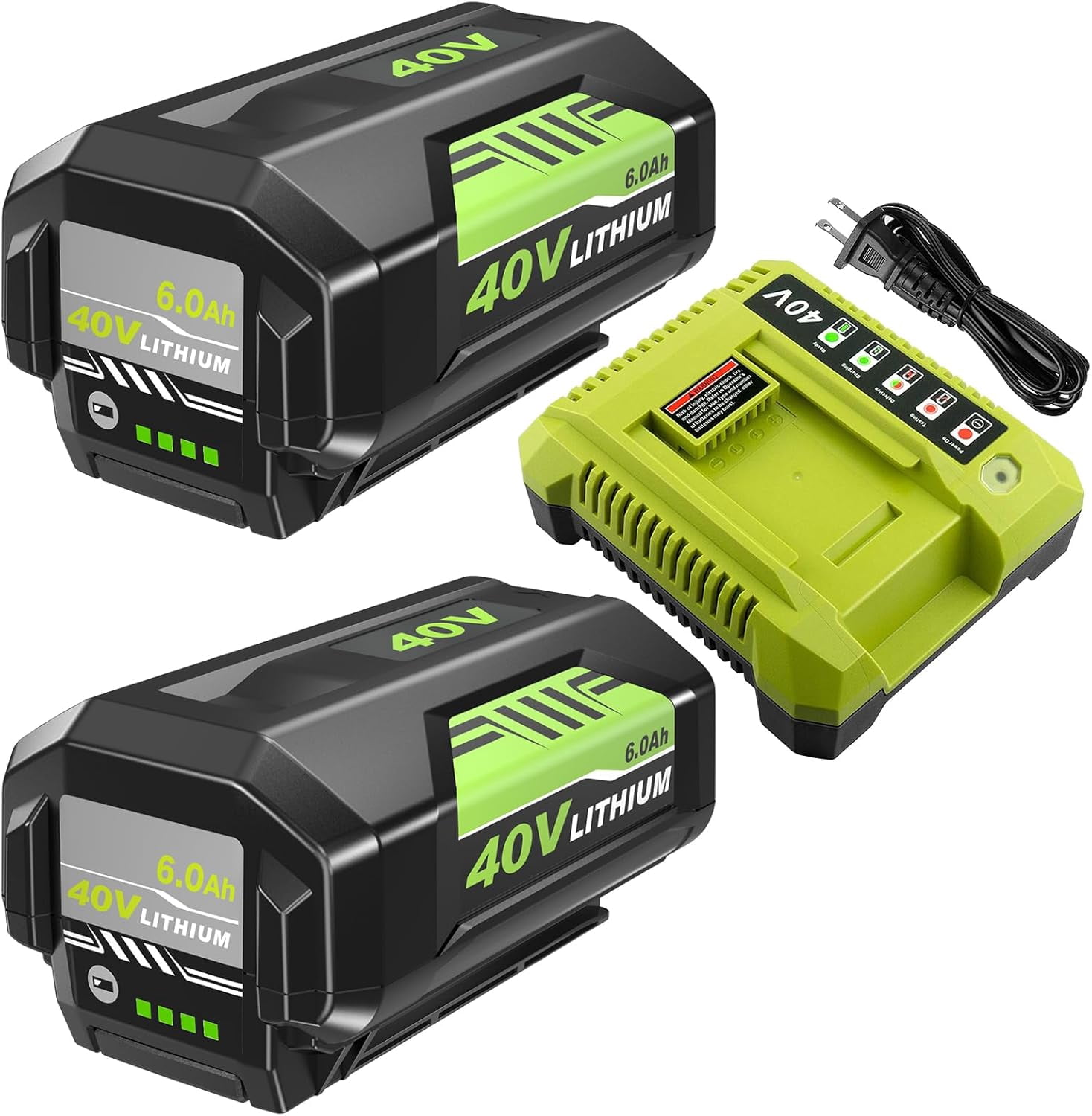 2 Pack 6.0Ah 40 Volt Replacement for Ryobi 40V Battery and Charger Kit Lithium OP4040 OP40401 OP4026 OP40261 OP4050 OP40601 (Green)