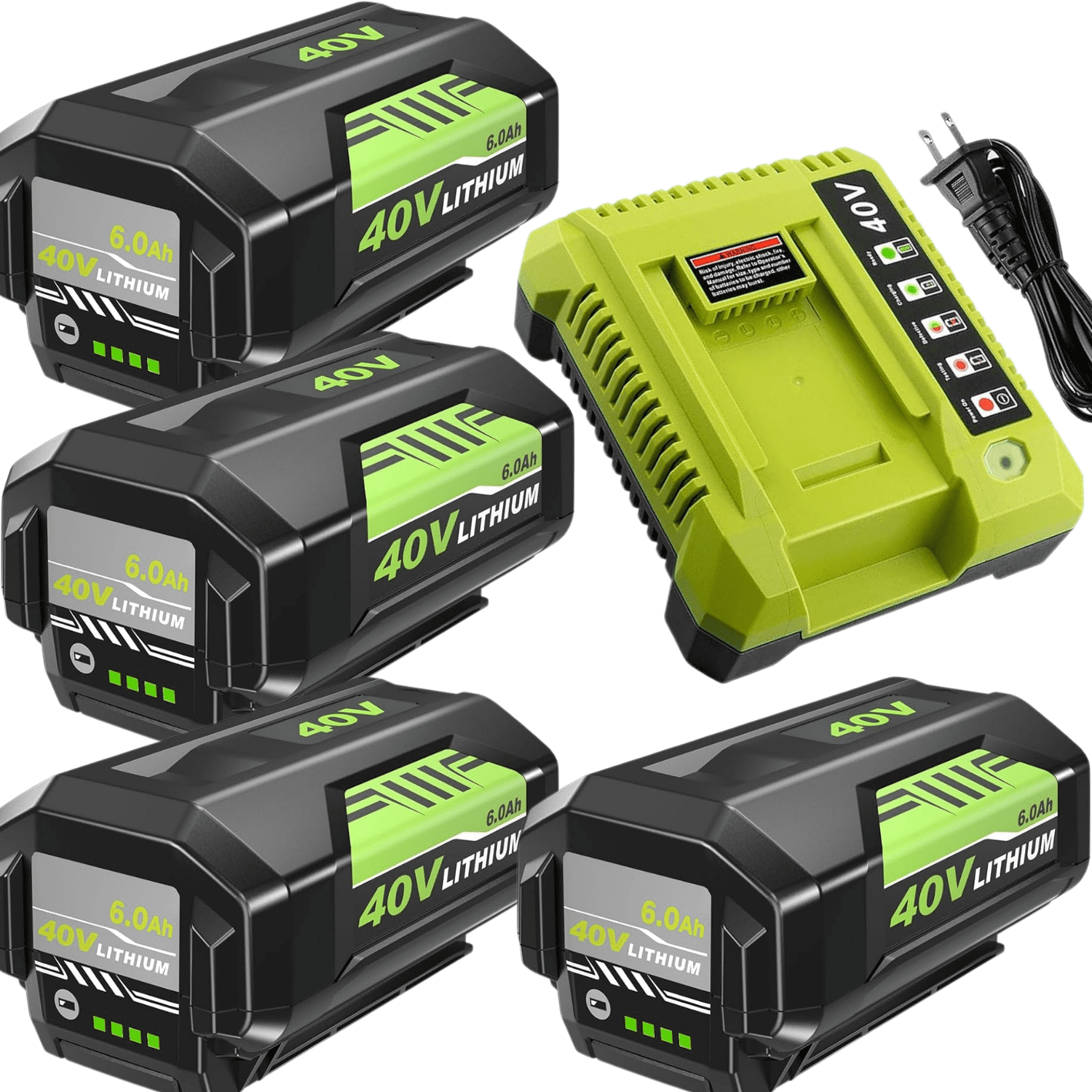 2 Pack 6.0Ah 40 Volt Replacement for Ryobi 40V Battery and Charger Kit Lithium OP4040 OP40401 OP4026 OP40261 OP4050 OP40601 (Green)