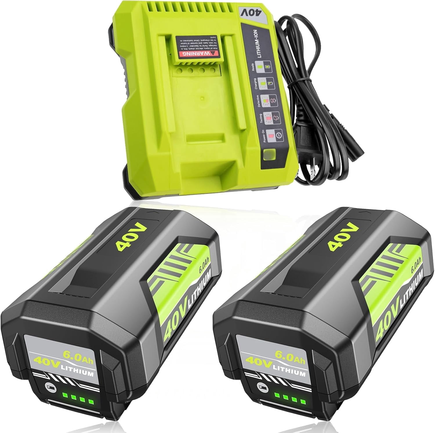 2 Pack 6.0Ah 40 Volt Replacement for Ryobi 40V Battery and Charger Kit Lithium OP4040 OP40401 OP4026 OP40261 OP4050 OP40601