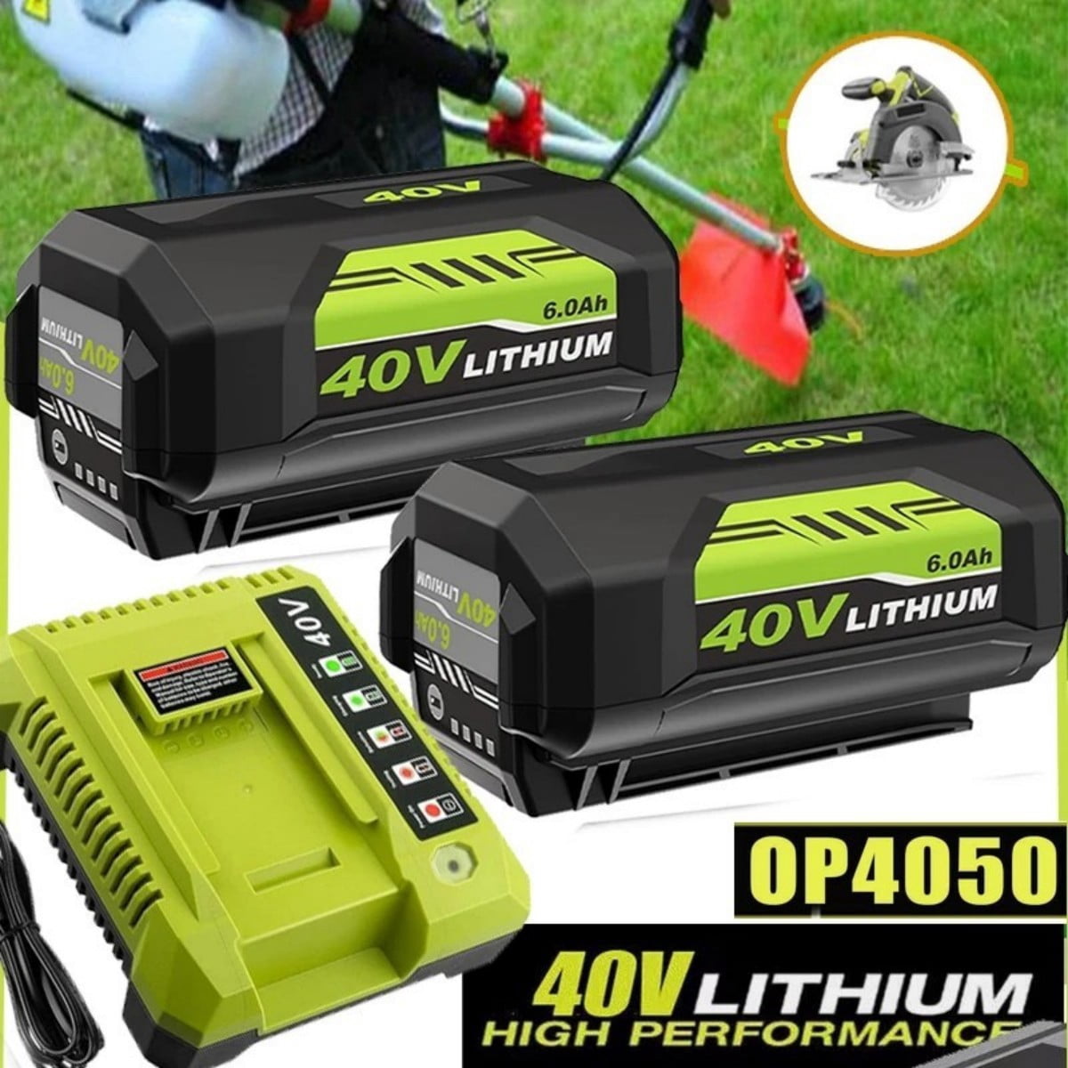 2 Pack 6.0Ah 40 Volt Replacement for Ryobi 40V Battery and Charger Kit Lithium OP4040 OP40401 OP4026 OP40261 OP4050 OP40601