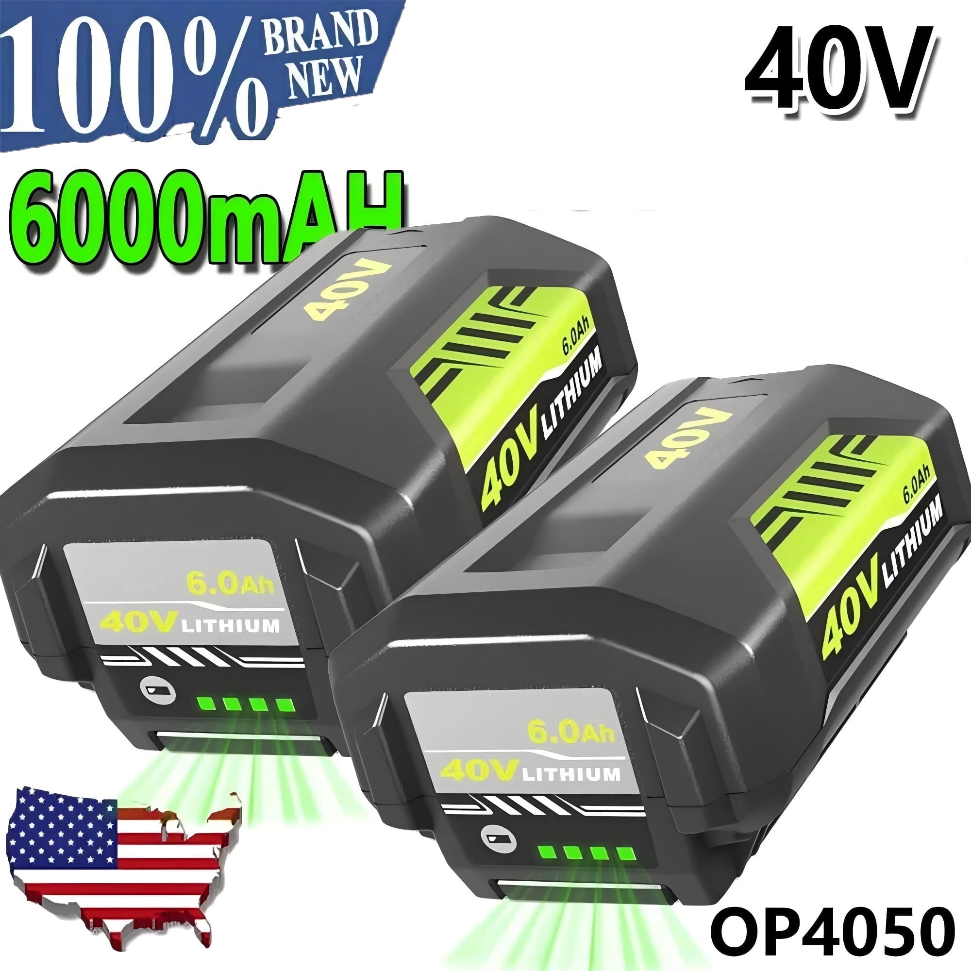 2-Pack 6.0Ah Replacement for Ryobi 40V Battery Compatible with Ryobi 40 Volt Lithium Battery OP4050 OP4060 OP4040 OP4020