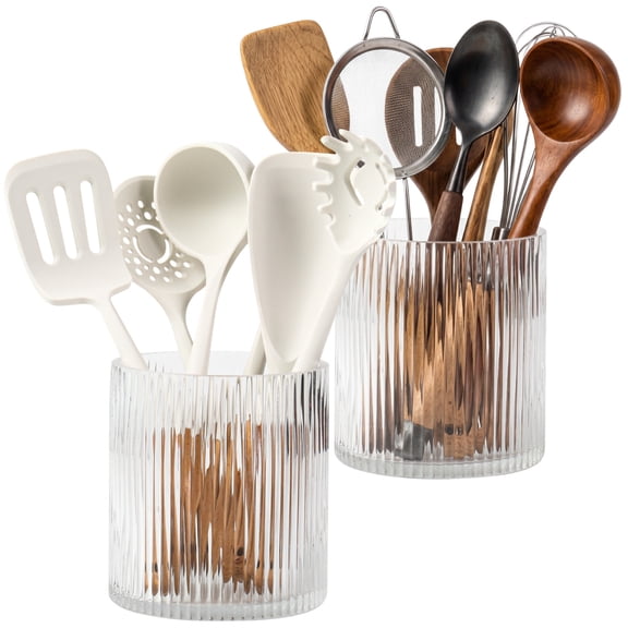 2 Pack 6.3" Clear Glass Utensil Holder, Large Countertop Utensil Crock for Farmhouse Kitchen Decor