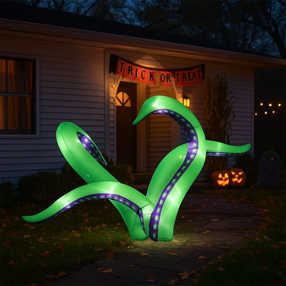 2-Pack 6.9FT Halloween Inflatable Octopus Tentacles, 12 White LED Lights, Quick Inflation with Ropes/Suction Cups for Windows/Rooftops/Yard