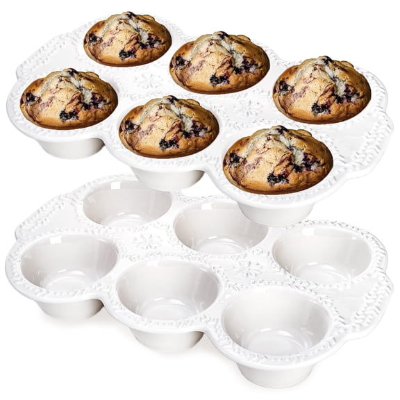 2 Pack 6-Cup Ceramic Muffin Pan Nonstick Baking Pans with Handle White
