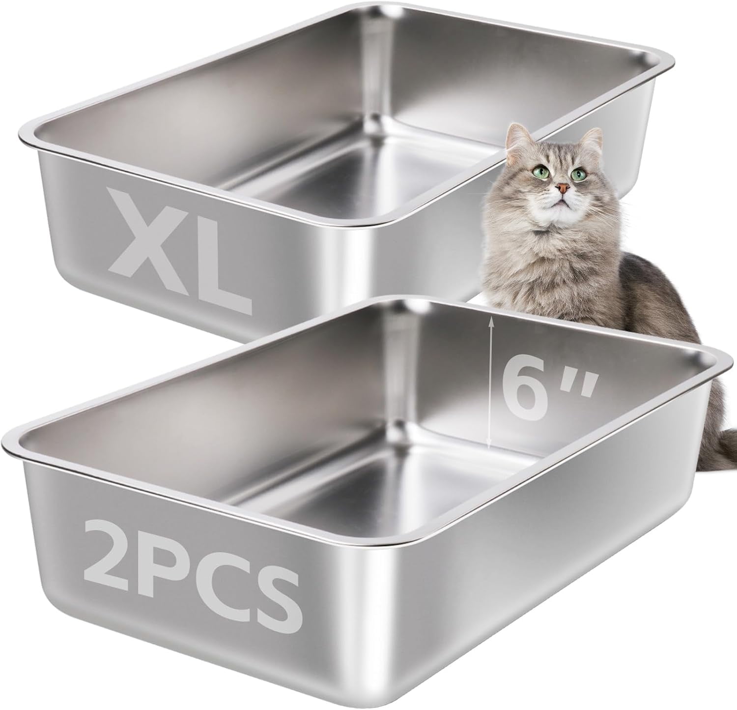 2 Pack 6" Deep Extra Large Stainless Steel Litter Boxes, 2 Pcs Easy Cleaning High Sides Metal