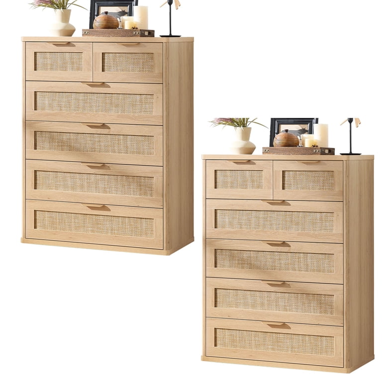 2 Pack 6 Drawer Double Dresser, Natural Wood Storage Cabinet with
