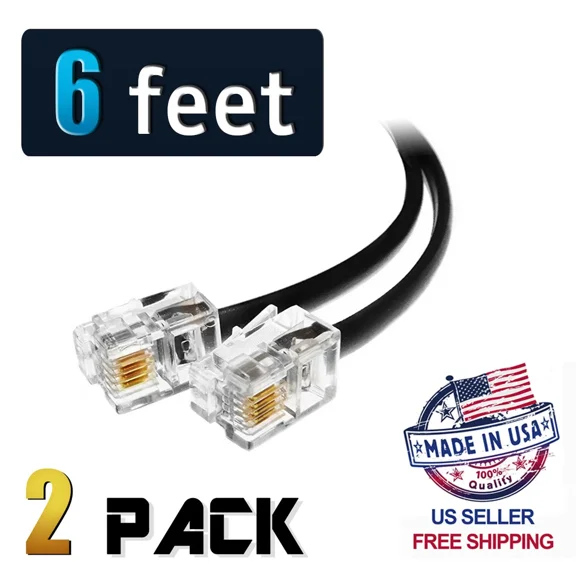 (2 Pack) 6 Feet Black Telephone Cable Rj11 6P4C 72" Phone Line Cord 6Ft