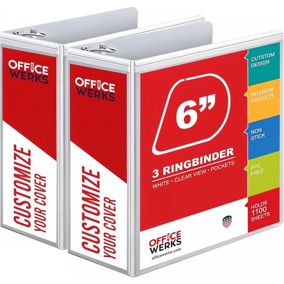 2 Pack of 6 Inch 3 Ring Binder with Locking Angle D Rings, Professional Heavy Duty Large Storage Pockets, Fits 8.5 x 11 Sheets, Non-Stick Clear View Cover, Customizable, White