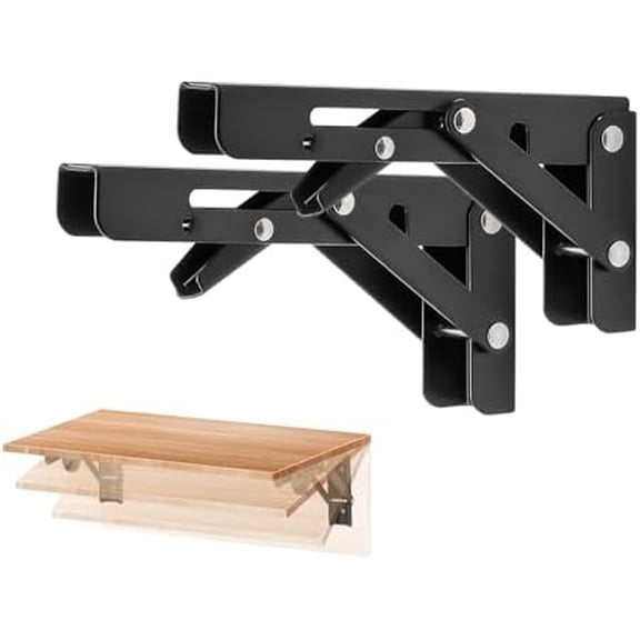 2 Pack 6 Inch Folding Shelf Brackets – Matte Black, Heavy Duty Collapsible Brackets for Tables and Benches – Space-Saving Design