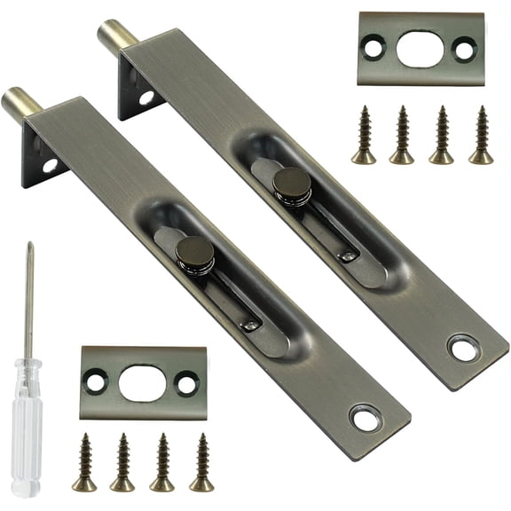 2 Pack 6 Inch Stainless Steel Door Flush Bolt Latch, French Door Lock Latch L Type Lever Action Flush Bolt (Antique Bronze)
