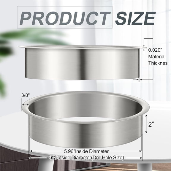 2 Pieces 6" (Nominal) Diameter x 2" Height 304 Polished Stainless Steel 6" x 2" Trash Grommets for Countertop Inserted Trash Kitchen Cabinet Counter Bin, Ease to Install