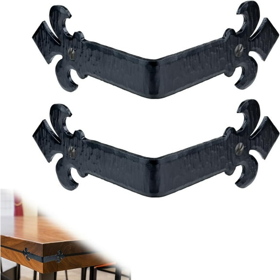 2 Pack - 6" Metal Corner Bracket for Furniture - Black - Handmade Decorative Corner Braces - Rustic Metal Corner Brackets for Tables, Desks, Shelves, Boxes and Chests - The Fleur De Lis Series