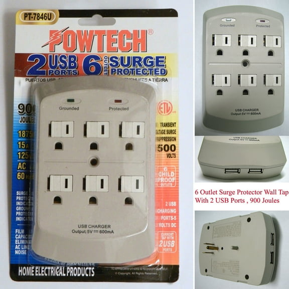 2 Pack 6 Outlet Surge Protector Wall Tap w/ 2 USB Ports Child Proof, 900 Joules