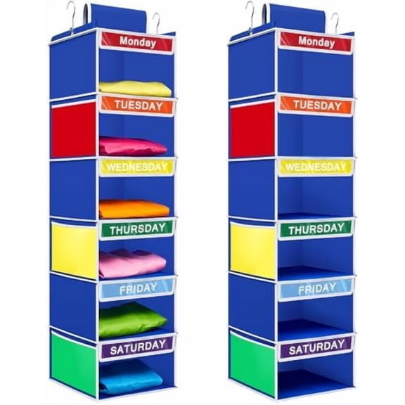 2 Pack 6 Shelves Weekly Hanging Closet Organizer 11.8 x 11.8 x 42.5 Inches Daily Activity Kids Clothes Storage Organizer Drawers Kids Hanging Cube Organizer Drawers Closet Hanging Shelves