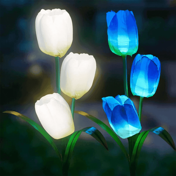 2 Pack 6 Solar Flowers,Blue,White Solar Garden Flowers,LED Solar Flowers,Waterproof Solar Tulip Lights for Patio Yard Decorative,24.4 in,PVC