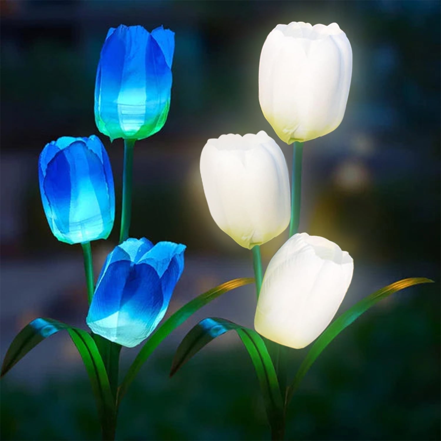 2 Pack 6 Solar Flowers,Waterproof Solar Garden Flowers,LED Solar Flowers,Solar Tulip Lights for Lawn Garden Terrace Party(PVC 24.4 in,Blue,White)