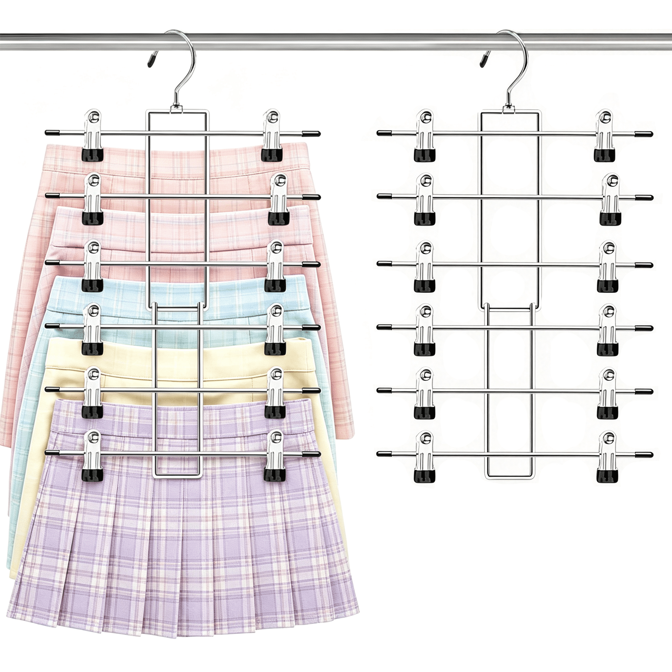 GARITIN 2 Pack Pants Hangers, 6 Tier Skirt Hangers with Non Slip Clips, Foldable Metal Clothes Hanger Organizer for Closet