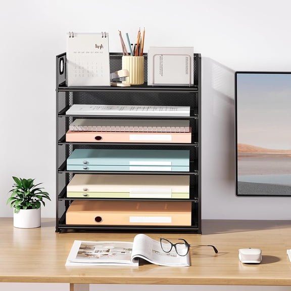 2-Pack 6-Tier Paper Tray Organizer for Desk - Black Mesh File Folder Sorter with Handles, Desk Letter Holder for Office, Home, School Supplies Storage & Organization