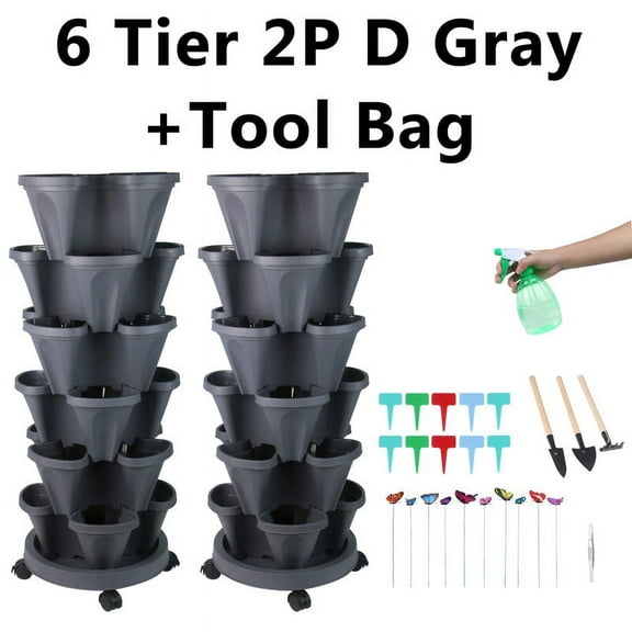 2 Pack of 6 Tier Stackable Planter Vertical Garden With Various Accessories for Vegetables, Flowers, Herbs, Succulents, Microgreen Gardening - Dark Gray