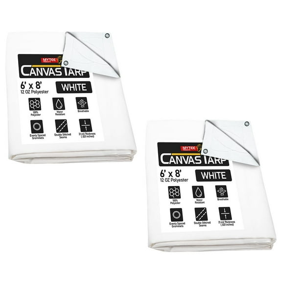 2 Pack 6' x 8' White Canvas Tarp 12oz - Water Resistant & Breathable - Heavy Duty Tarps - Multipurpose Tarpaulin Cover for Camping Tent