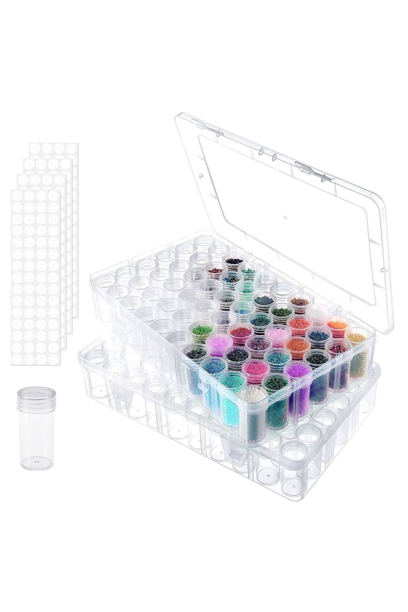 2 Pack 60 Grids Diamond Painting Storage Containers with Label Stickers, Clear Bead Storage Containers Box, Diamond Art Organizer Case for Drill Jewelry Craft Dots DIY Accessories