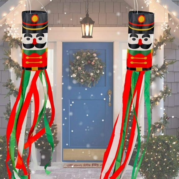 2 Pack 60 Inch Christmas Hanging Decor Nutcrackers Windsock Flag Christmas Decoration Outdoor Indoor Front Door Yard Porch Patio Tree Lawn Garden Party Decor