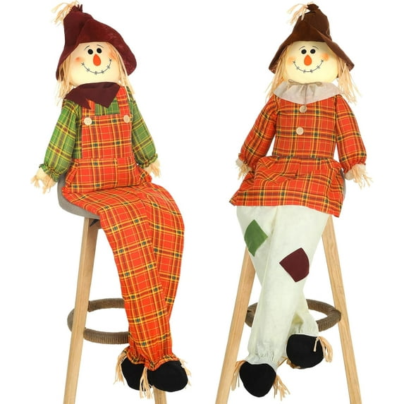 2 Pack 60" Large Scarecrow Sitter Thanksgiving Fall Sitting Scarecrow Life Size Men Women Sitting Scarecrows Halloween Indoor Outdoor Fall Harvest Decoration for Front Porch Yard(Adorable)