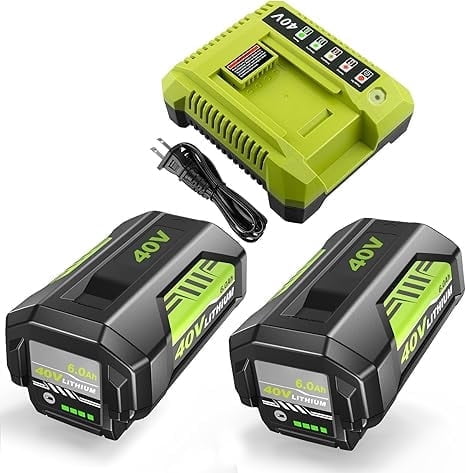 2-Pack 6000mAh Replacement for Ryobi 40V Battery and Charger Combo Compatible with Ryobi Battery 40V OP4026 OP40601 OP4050A OP4040 OP4030 OP4050 Replacement for Ryobi 40 Volt Charger