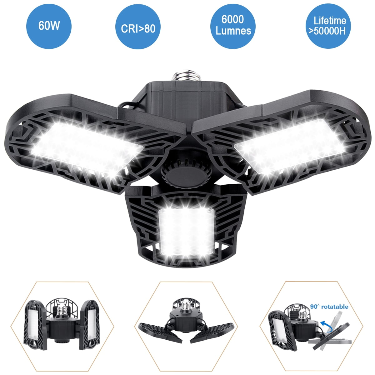 2 Pack,60W LED Utility Shop Light for Garage,6000Lm Deformable Garage Ceiling Fixture,for E26 LED Light Fixture for Parking Lot,Basement,Workshop