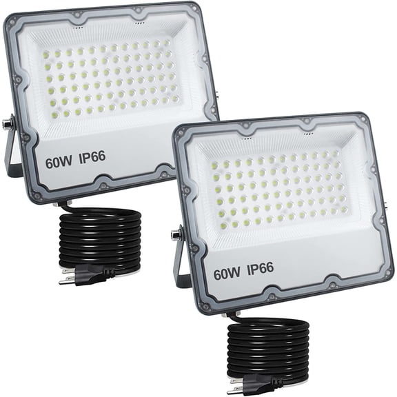 2 Pack 60W Led Outdoor Flood Light, Exterior Flood Lights, Plug in Flood Light, for Yard, Stadium, Playground, Lawn,Garden, Garages,Basketball Court