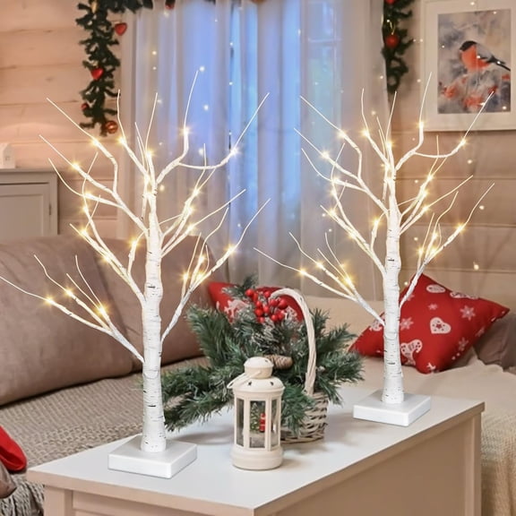 2 Pack 60cm LED Lighted Birch Tree with Warm White Lights, Battery Operated - 24 LEDs per Tree for Indoor Christmas, Tabletop, and Home Seasonal Decor (Batteries Not Included)