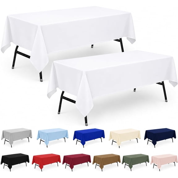 2-Pack 60x102 inch White Table Cloths, Solid Stain and Wrinkle Resistant Oblong Tablecloth, Premium Plain Weave Polyester Fabric Rectangle Linen Covers for Hotel, Wedding