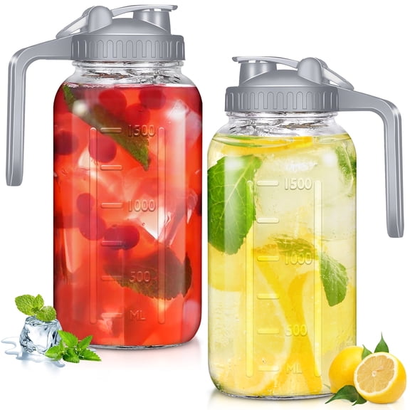 2 Pack 64 OZ Glass Pitcher with lid, 2 Quart Marson Jars with Spout and Handle, Double Leak Proof Jug Sun Tea Pitcher Wide Mouth Creamer Container for Fridge,Beverage, Breast Milk, Ice, Coffee