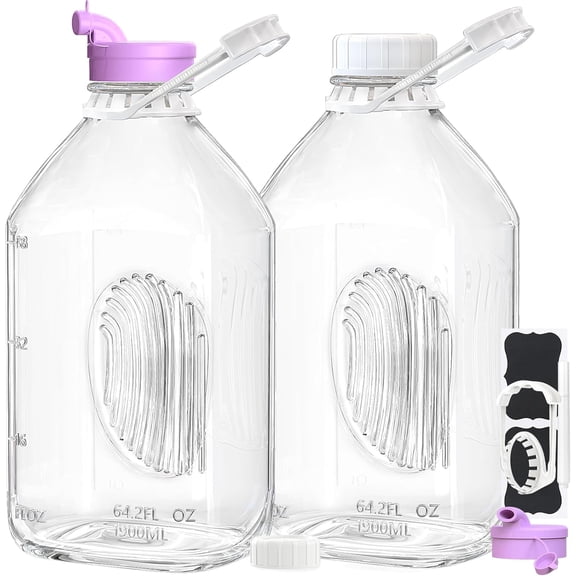 2 Pack 64 Oz Heavy Duty Glass Milk Bottle with 1 Silicone Spout and 3 Reusable Airtight SCREW LID, Qt Water Exact Scale Lines - Jug Pitcher 1/2 Gal Juice Bottles