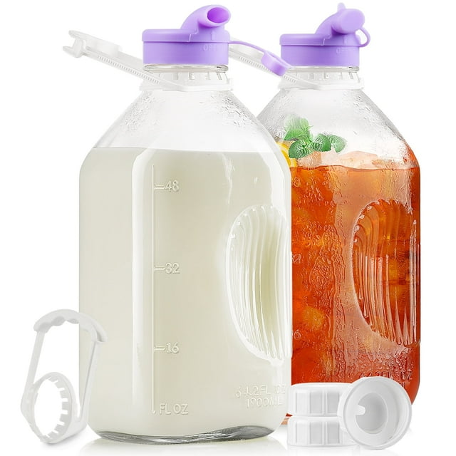 2 Park 64 Oz Syntic Food Grade Glass Jars Milk Bottles With Handle And Pour Spouts Half Gallon